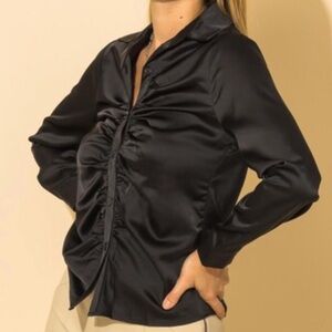 Chic Black Satin Cinched Button Front Long Sleeve Collared Blouse Size Medium